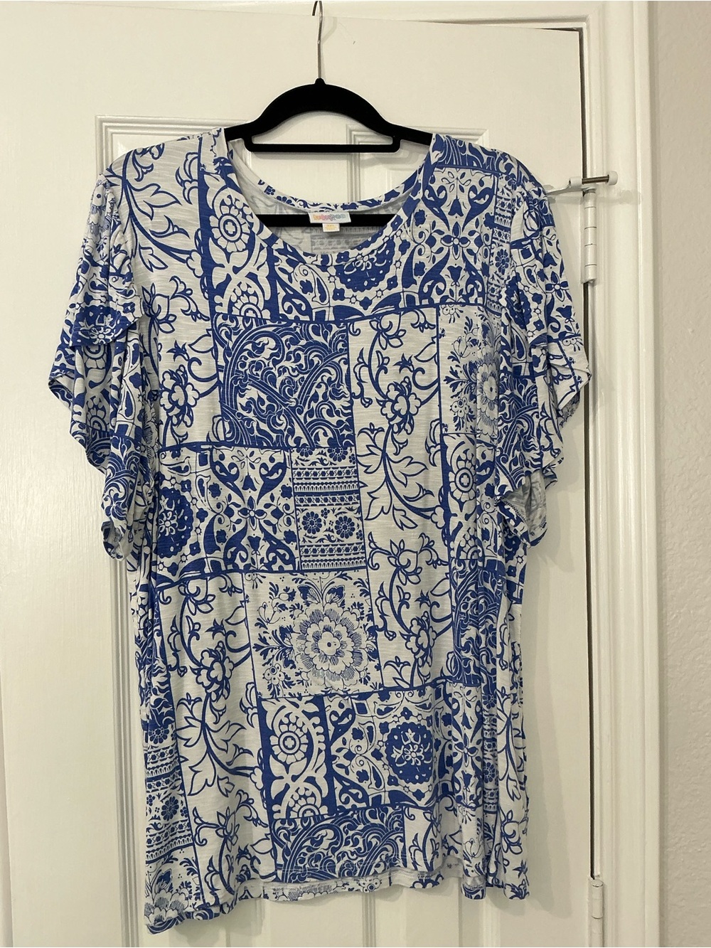 LuLaRoe Blue and White Short-Sleeve Printed Top Olive